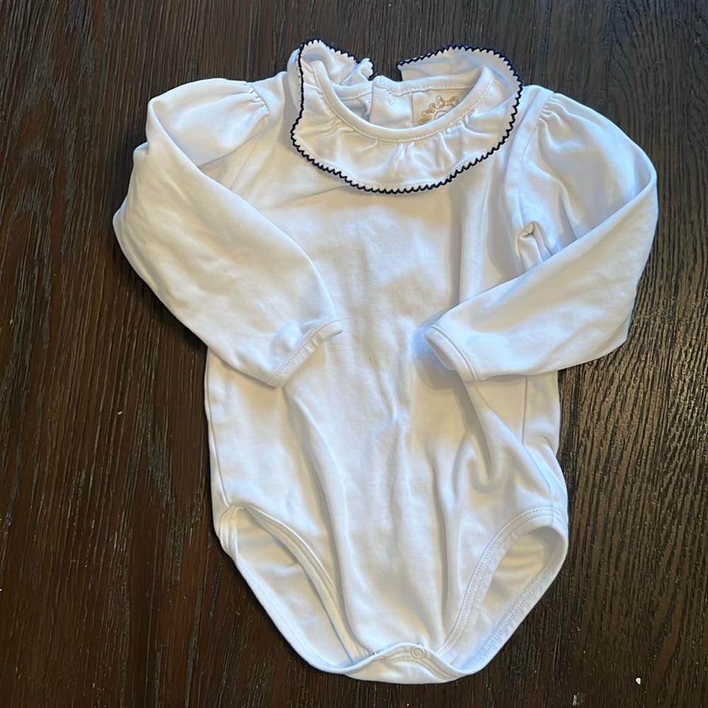 The Beaufort Bonnet Company white onesie with navy piping